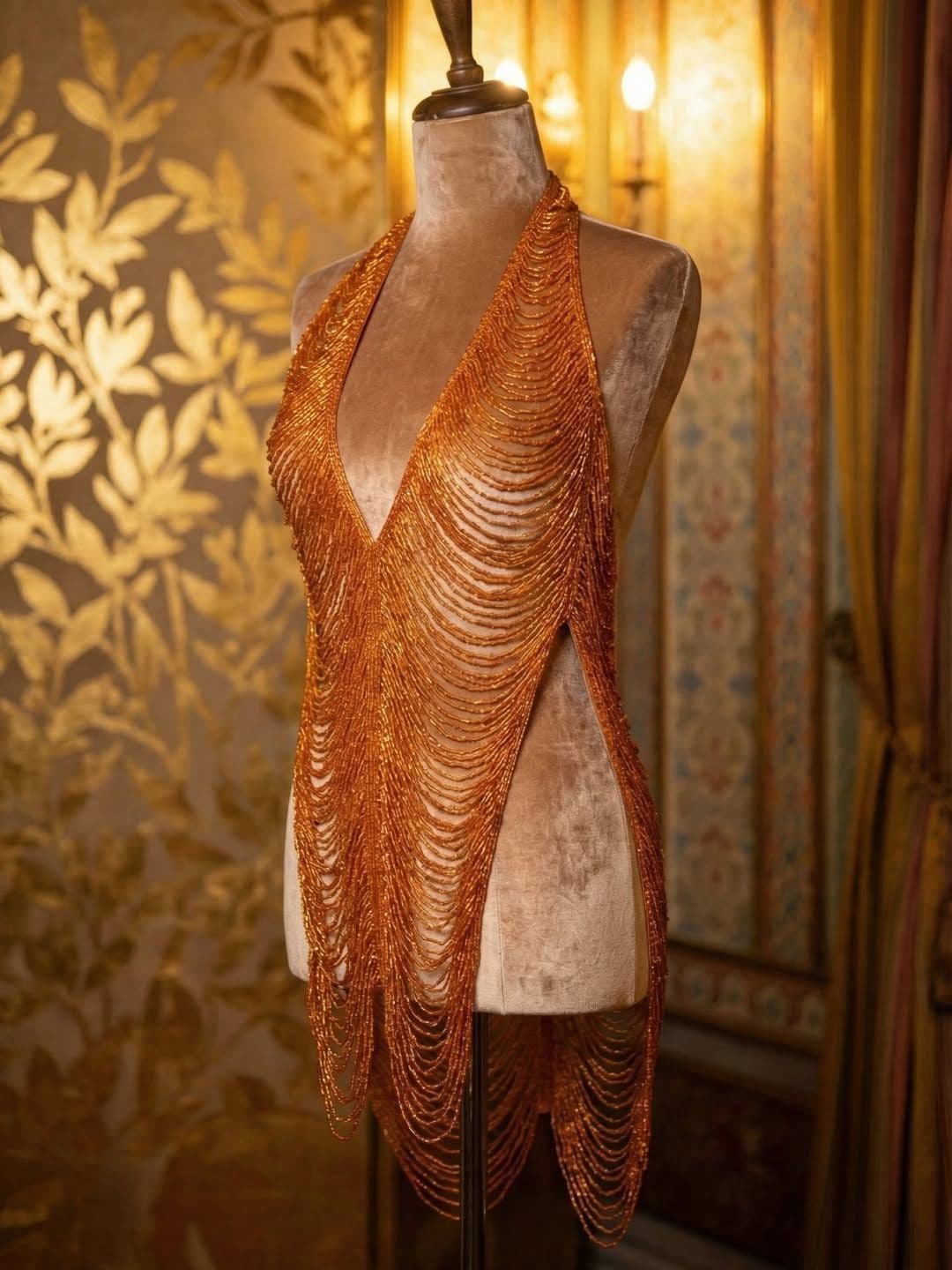 Orange beaded stage piece displayed on a dress form in Istanbul