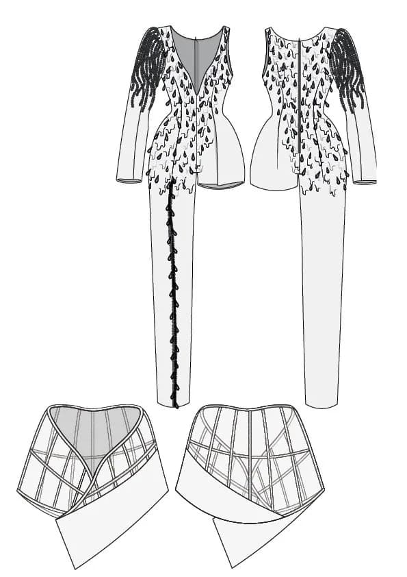 Éruption de Feu cape and chain technical drawing